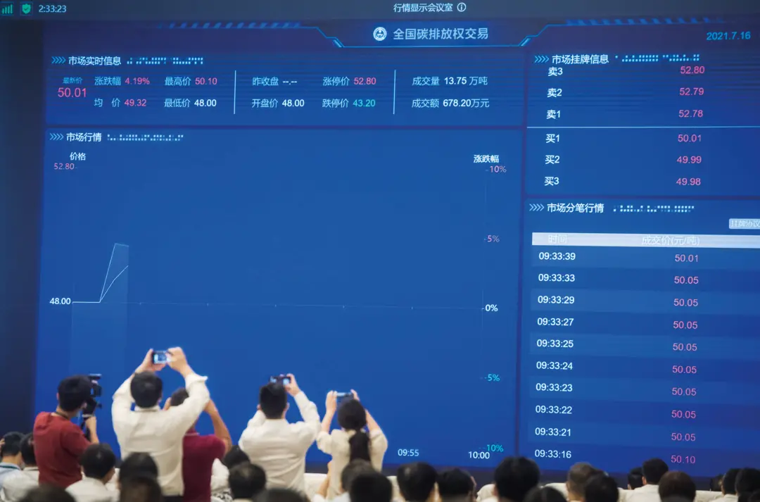 2021年7月16日，全國碳排放權交易市場上線交易啟動儀式以視頻連線形式舉行，在北京設主會場，在上海和湖北設分會場。圖/新華